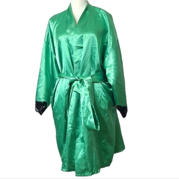 Frederick of Hollywood  Green Satin Robe, Lace Cuff. - Picture 1 of 7